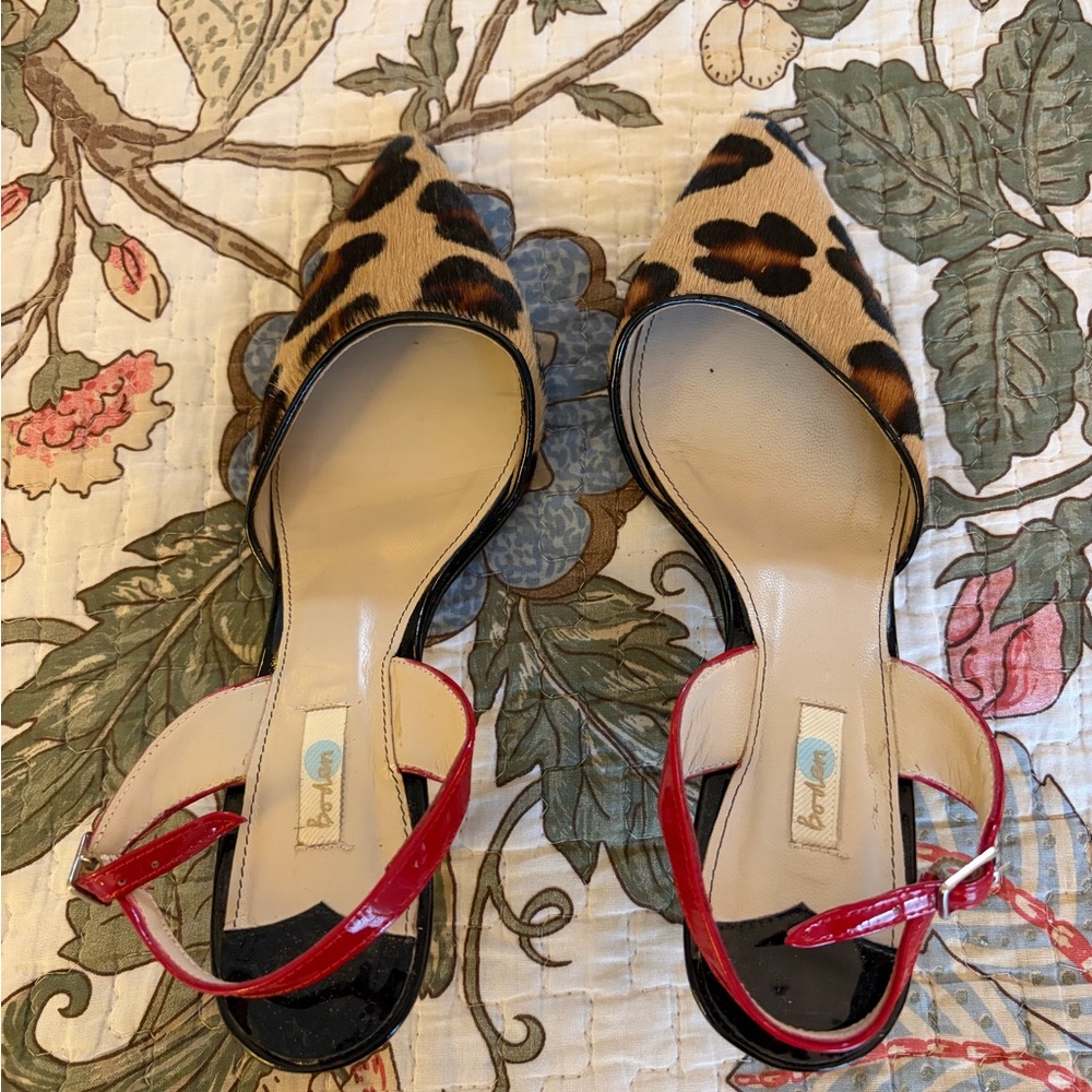 Boden Leopard Print Pointed Slingback Heels with Red Straps